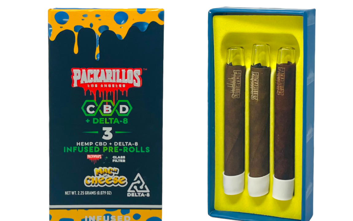 image showing front of unboxed Packarillos delta 8 infused pre roll 3ct