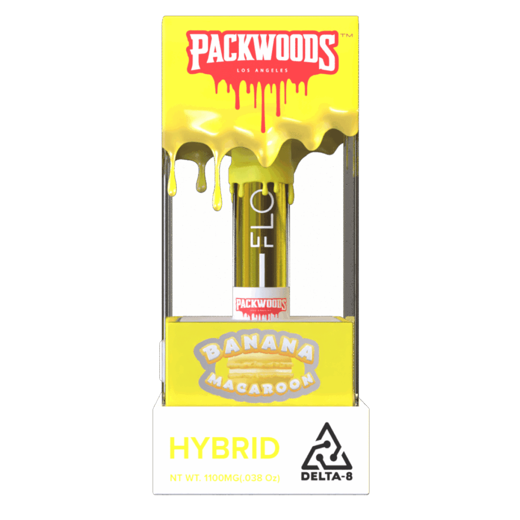 Front image showing Packwoods FLO Delta 8 Cartridge Banana Macaroon for sale